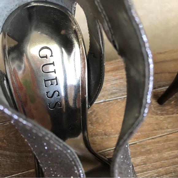 NEW Guess Gunmetal Silver Metallic Shimmering High Heel Peep Toe Stiletto Heels - Picture 6 of 16